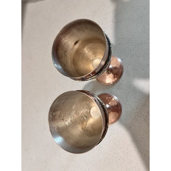 Set of 2 Orfe Mexican? Copper over Silver Wine Goblets Brass Stems Mixed Metals - Picture 11 of 14